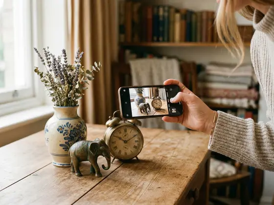 Une personne prend en photo des objets anciens — une horloge et un éléphant en bronze — avec son téléphone, pour les envoyer à Easybroc